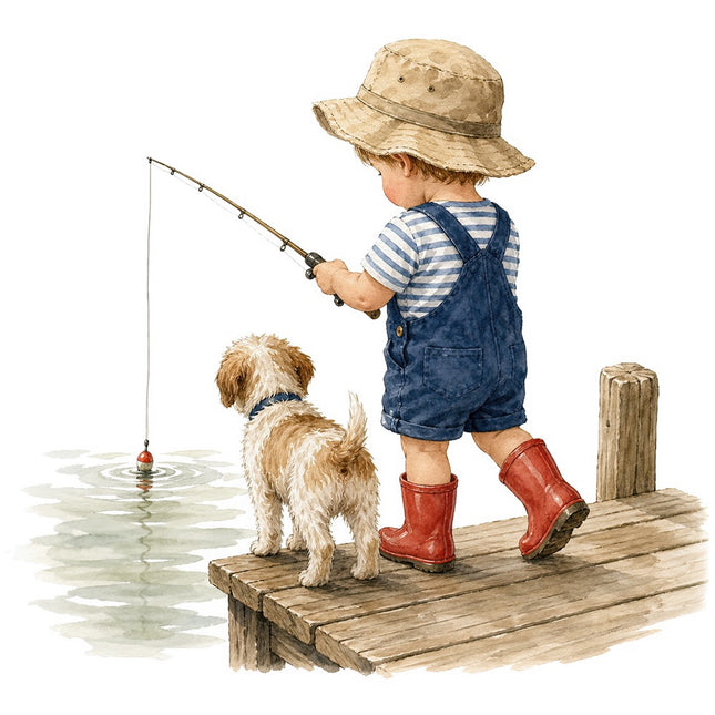 kid fishing with dog on pier fabric panel