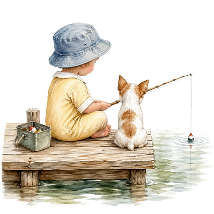 child and dog fishing on dock fabric panel