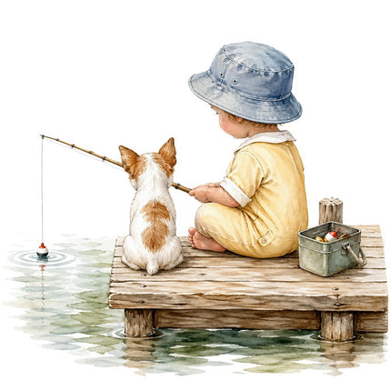 kid fishing with dog on pier fabric panel