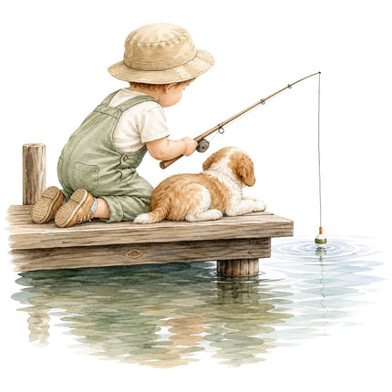 boy fishing with dog fabric panel