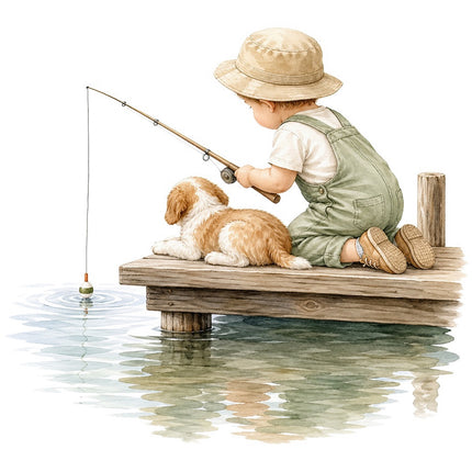 kid fishing with dog on pier fabric panel