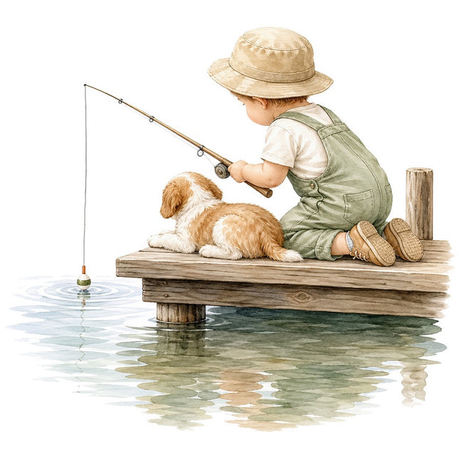 kid fishing with dog on pier fabric panel