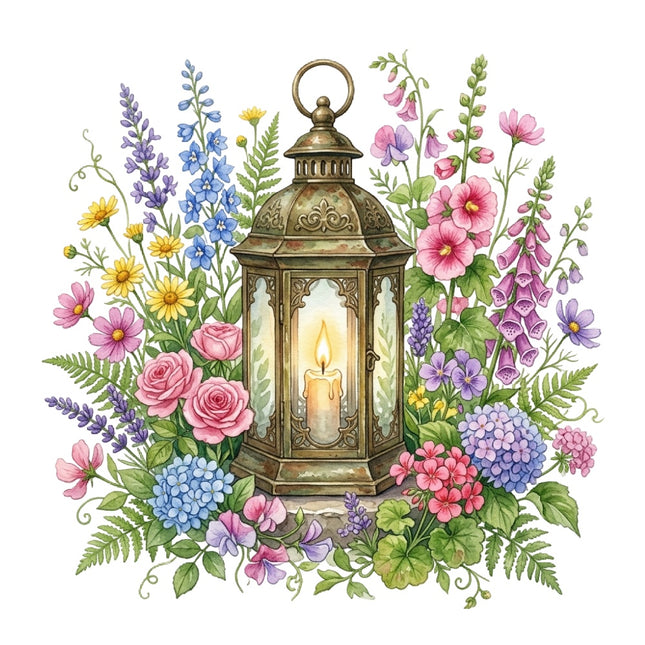 lantern with a candle surrounded by colorful flowers fabric panel