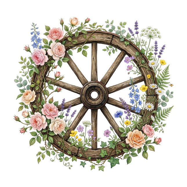 Wooden wheel surrounded by flowers fabric panel