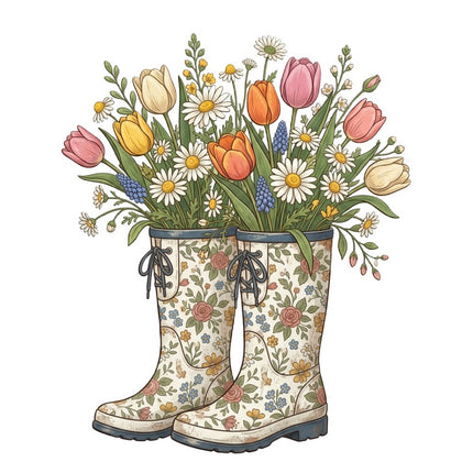 Floral Rain Boots 100% Cotton Fabric Panel Block Quilt Square FLIP-AQ3048