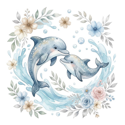 Floral Dolphins 100% Cotton Fabric Panel Block Quilt Square FLIP-AQ3049