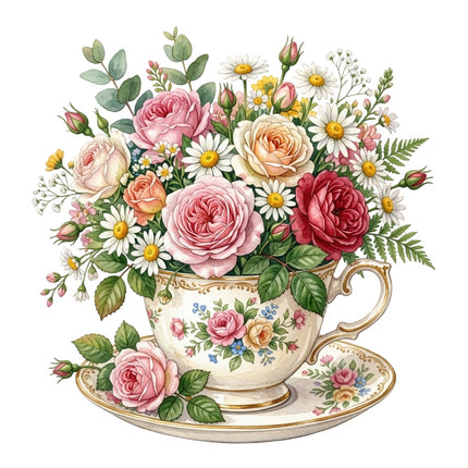 Floral Teacup 100% Cotton Fabric Panel Block Quilt Square AQ3051
