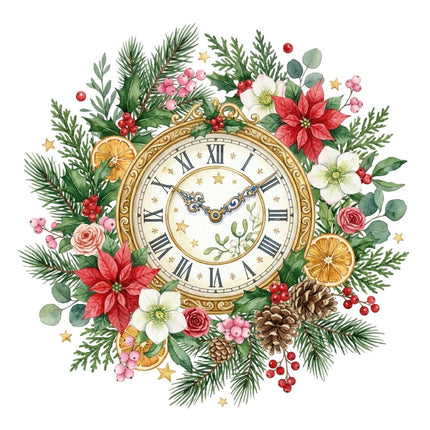 Floral Christmas Clock 100% Cotton Fabric Panel Block Quilt Square AQ3053