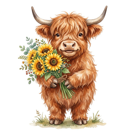 highland cow and sunflowers fabric panel