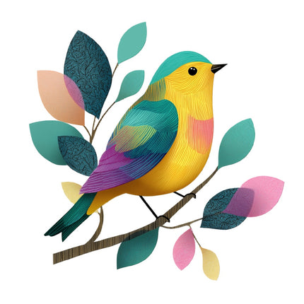 Colorful Bird on Branch 100% Cotton Fabric Panel Block AQ6013