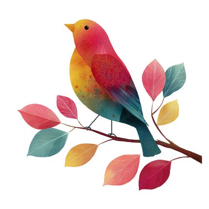 Colorful Bird on Branch 100% Cotton Fabric Panel Block Quilt Square AQ6019