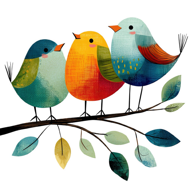 colorful birds on branch fabric panel