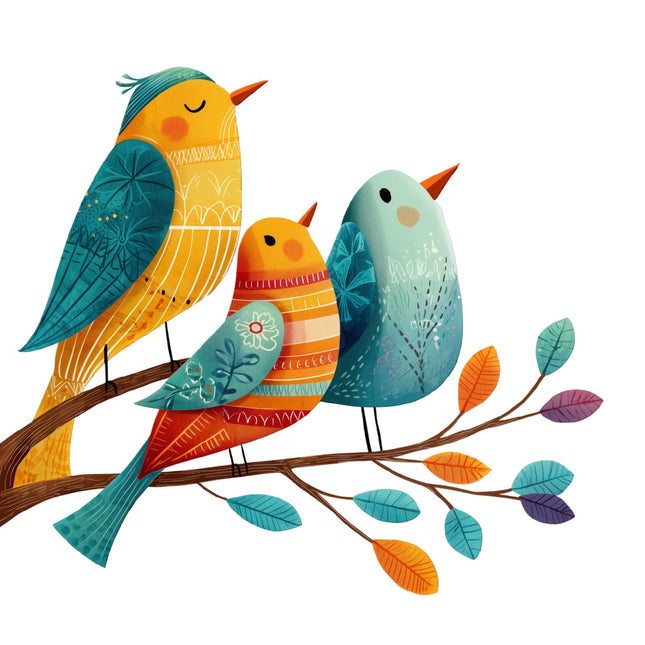 colorful birds on branch fabric panel