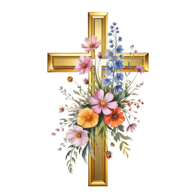 Gold Floral Cross 100% Cotton Fabric Panel Block AQ6036