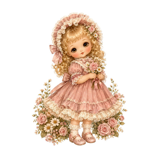 Vintage-style girl doll fabric panel