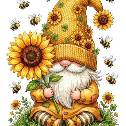 sunflower gnome and bees fabric panel