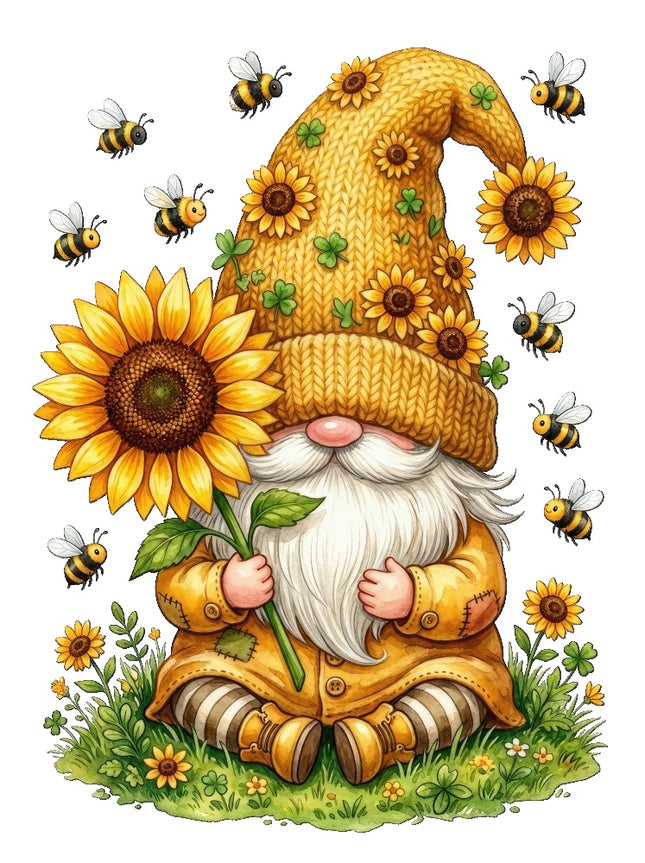 sunflower gnome and bees fabric panel
