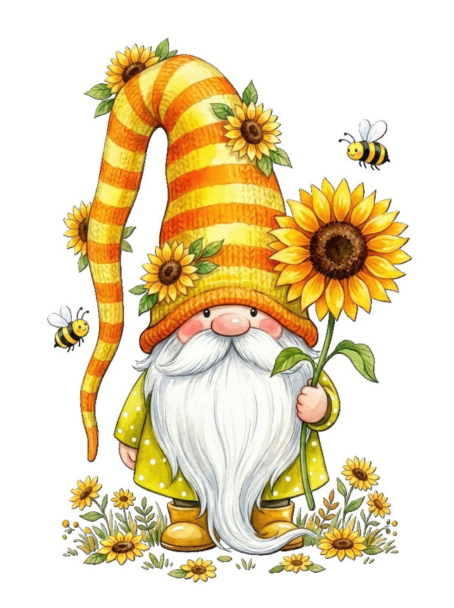 sunflower gnome and bees fabric panel