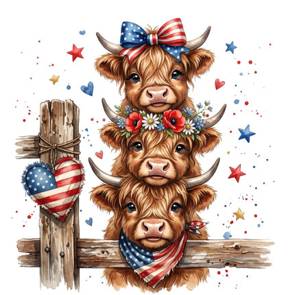 Patriotic Highland Cows 100% Cotton Fabric Panel Block Quilt Square AQ91260