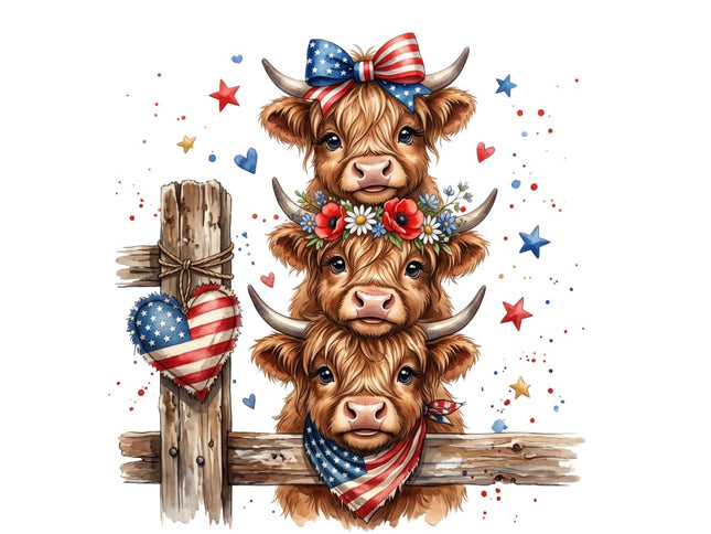 Patriotic Highland Cows 100% Cotton Fabric Panel Block Quilt Square AQ91260