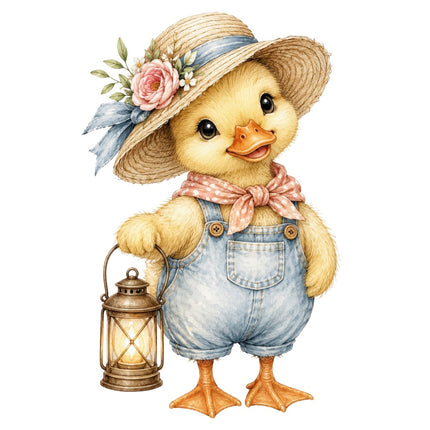 duckling wearing overalls and straw hat fabric panel