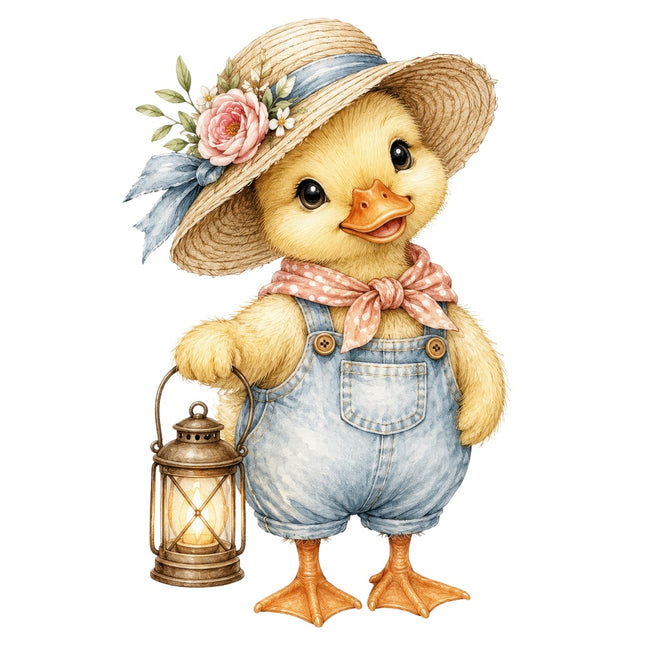 duckling wearing overalls and straw hat fabric panel