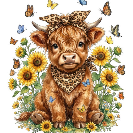 sunflower highland cow fabric panel