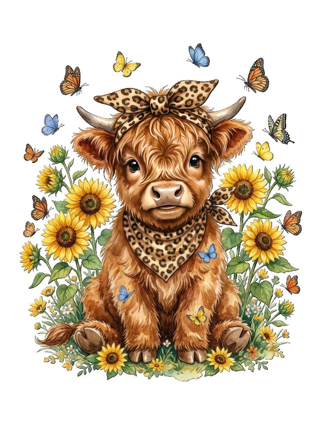 sunflower highland cow fabric panel