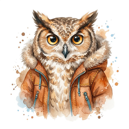 owl wearing jacket fabric panel