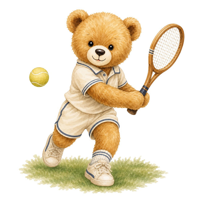 Tennis Player Teddy Bear 100% Cotton Fabric Panel Block ARS200