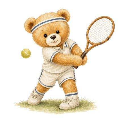 Tennis Player Teddy Bear 100% Cotton Fabric Panel Block ARS202