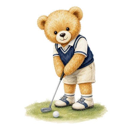 Golfer Teddy Bear 100% Cotton Fabric Panel Block Quilt Square ARS203