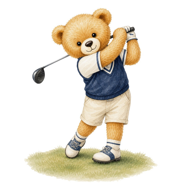 Golfer Teddy Bear 100% Cotton Fabric Panel Block Quilt Square ARS204