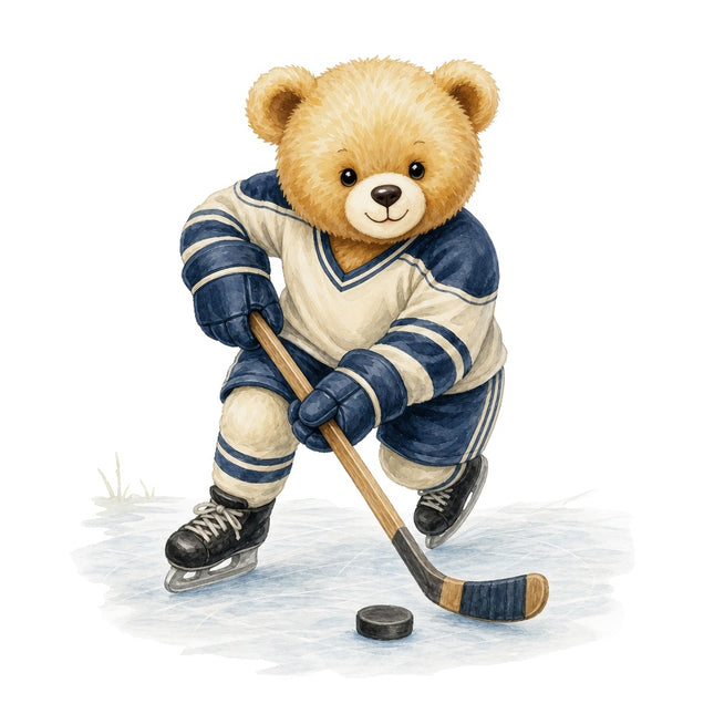 Hockey Player Teddy Bear 100% Cotton Fabric Panel Block ARS205