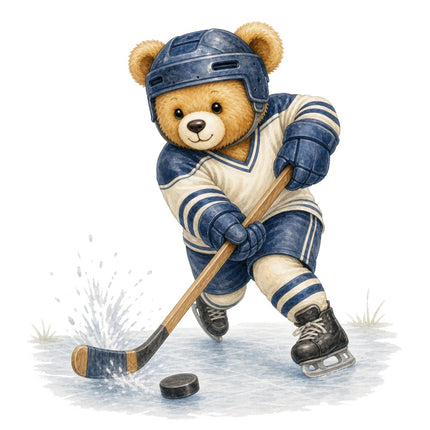 Hockey Player Teddy Bear 100% Cotton Fabric Panel Block ARS206