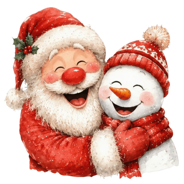 happy whimsical santa and snowman fabric panel
