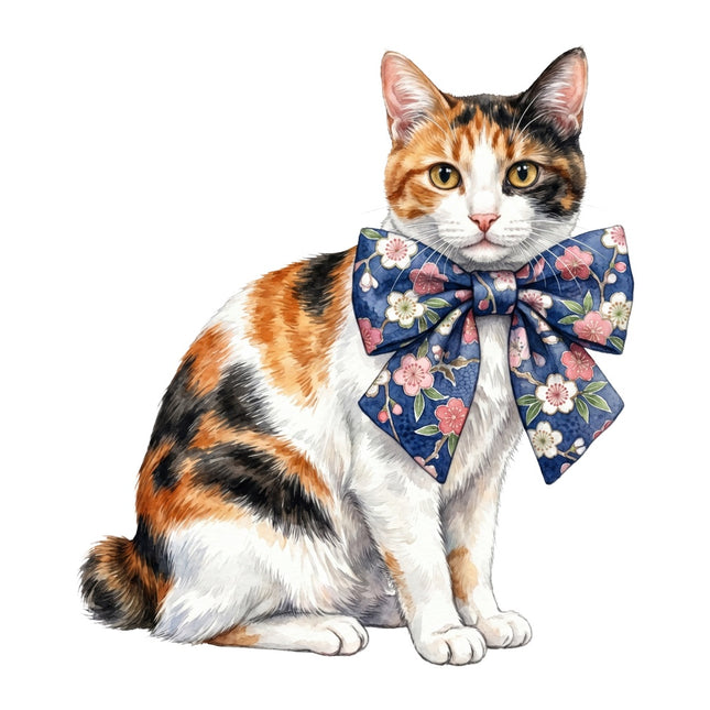 calico cat wearing a bow fabric panel