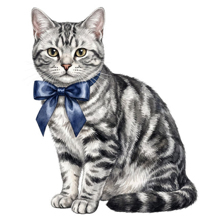 tabby cat wearing a bow fabric panel