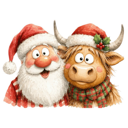 Santa & Highland Cow 100% Cotton Fabric Panel Block ARS775
