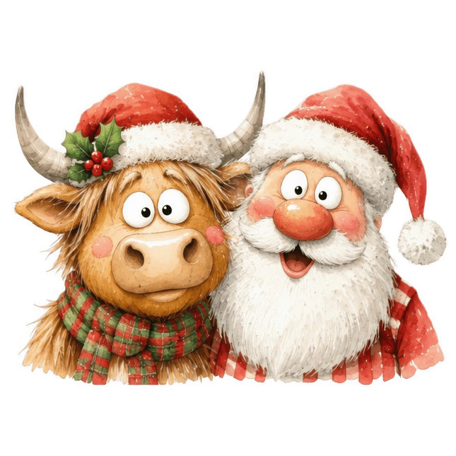 santa and highland cow fabric panel