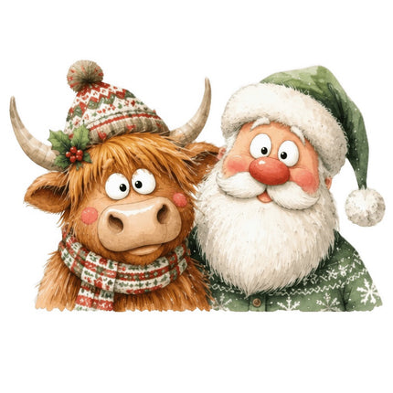 santa and highland cow fabric panel