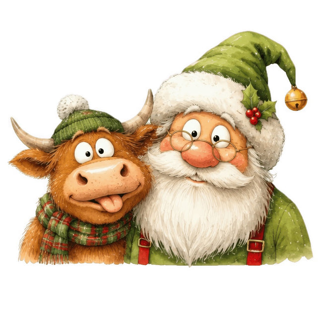 santa and highland cow fabric panel