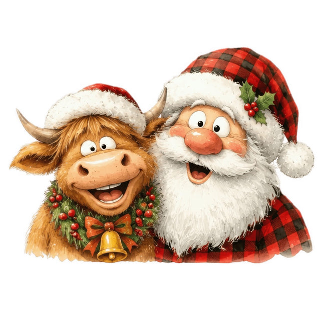 santa and highland cow fabric panel