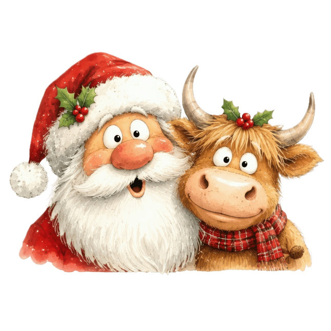 santa and highland cow fabric panel