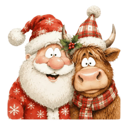 santa and highland cow fabric panel