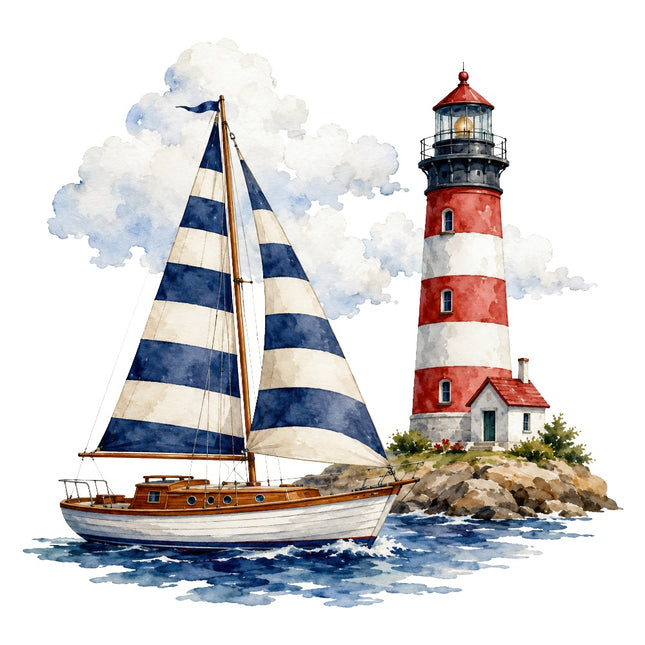 lighthouse and sailboat fabric panel