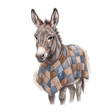 donkey wearing a patchwork quilted blanket fabric panel