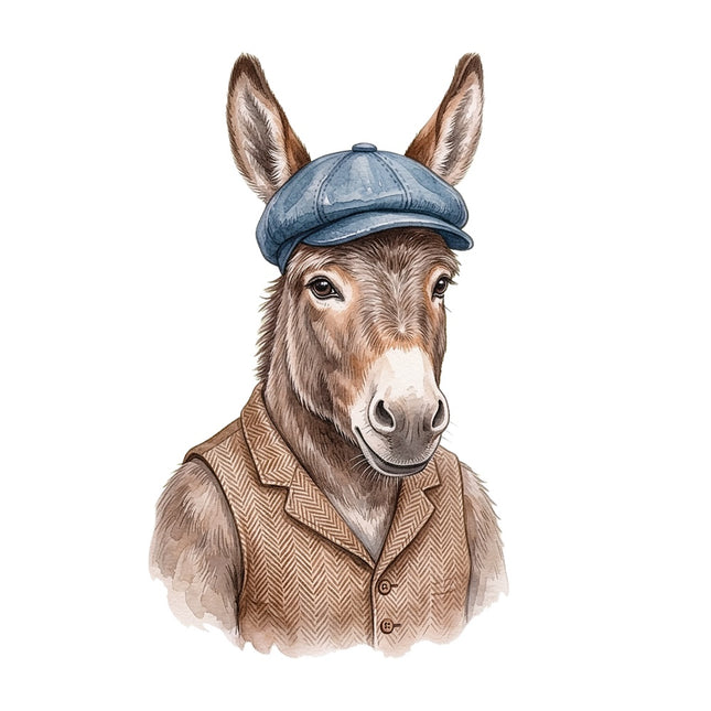 donkey dressed in a blue flat cap and brown herringbone vest fabric panel