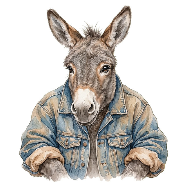 donkey dressed in denim jacket fabric panel