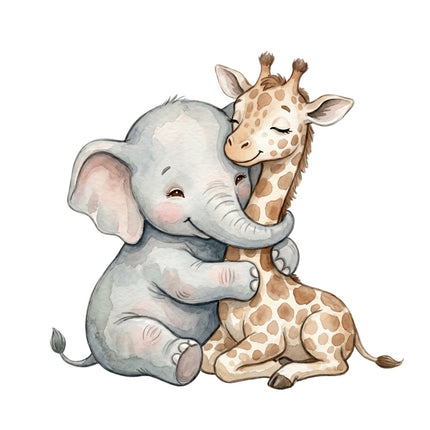 baby elephant hugging a smiling baby giraffe fabric panel